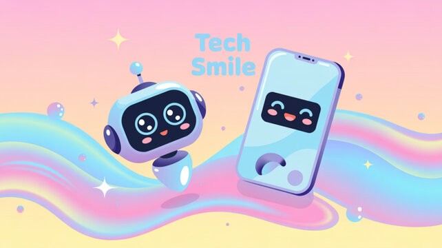 Cute robot and smartphone illustration for technology and communication concept digital art design vector