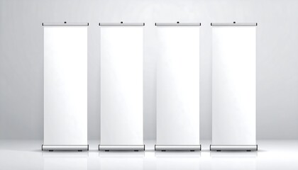 Four blank roll-up banners stand ready for custom branding in a neutral setting.