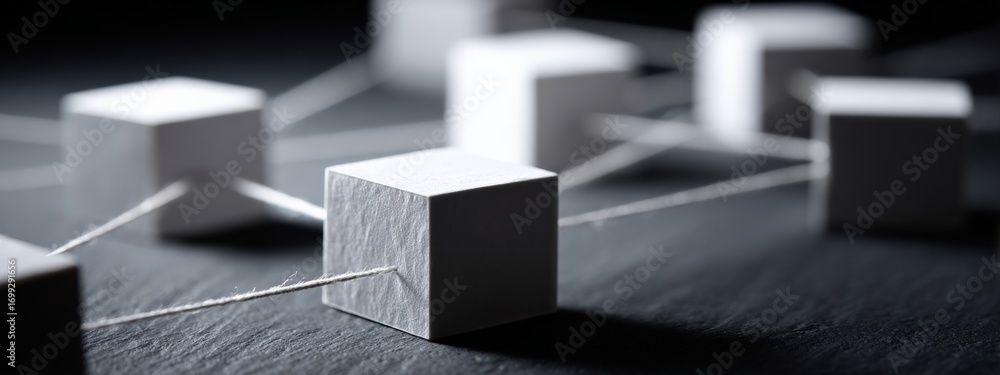 Poster string connecting white cubes forming a network on a dark background, representing connection, teamw