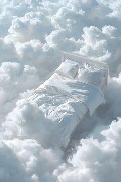 Dreamlike surreal concept of cozy white bed floating on fluffy soft clouds in blue sky, symbolizing comfort, relaxation, sleep, imagination, fantasy and peaceful serenity atmosphere
