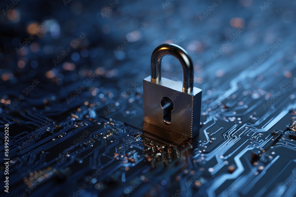 Poster cybersecurity concept with a padlock icon on a blue circuit board background digital data protection