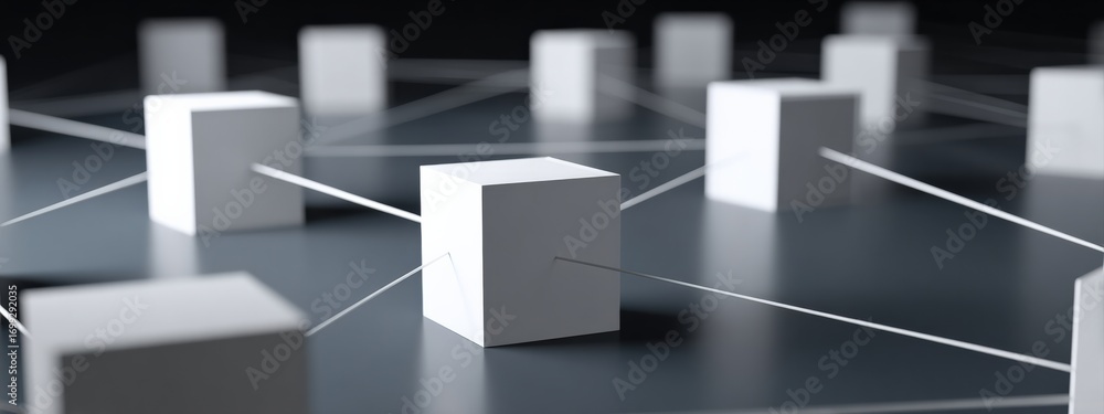 Poster white cubes linked together by white lines on a dark gray surface, representing blockchain technolog