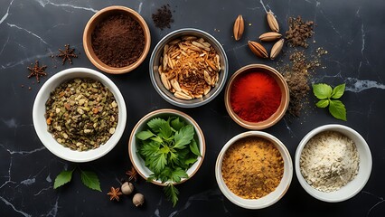 An artistic arrangement of dried herbs and spices in small bowls on a dark marble surface.