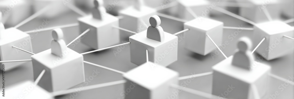 Poster white figures standing on cubes and interacting, representing a network of communication and collabo
