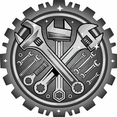 Fototapeta premium Illustration featuring crossed wrenches, smaller tools, and a gear-shaped background, representing mechanics.
