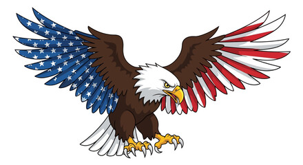 Cartoon bald eagle with American flag wings, a powerful symbol of freedom.