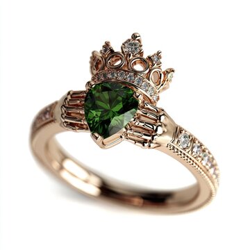 A rose gold claddagh ring features a heart-shaped green gemstone, flanked by two hands, and topped with a diamond-encrusted crown.  The band is also subtly adorned with small diamonds