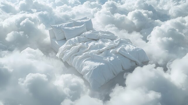 Dreamlike surreal concept of cozy white bed floating on fluffy soft clouds in blue sky, symbolizing comfort, relaxation, sleep, imagination, fantasy and peaceful serenity atmosphere