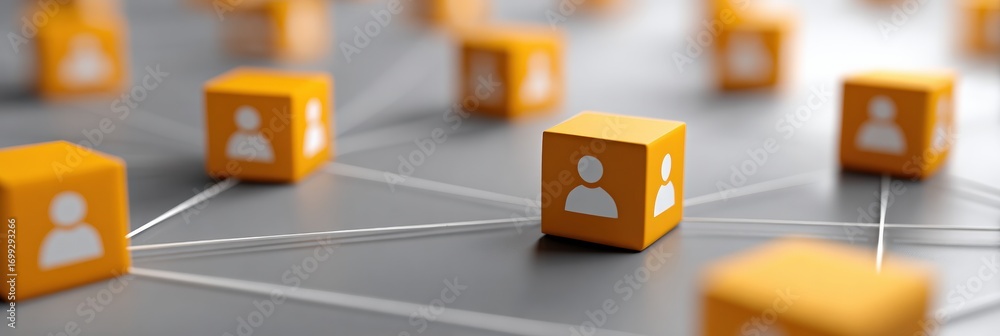 Poster orange cubes with user icons connected by white lines representing a social media network or online 