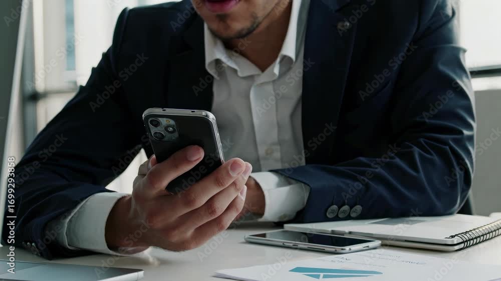 Poster close-up video of a businessman in a suit using a smartphone at a desk, captured from a side angle, 
