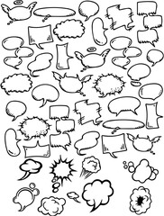 A collection of hand-drawn speech bubbles and thought bubbles in various shapes and sizes.