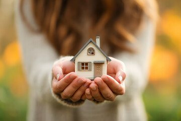 Tiny home investment: Woman's hands presenting miniature house model outdoors
