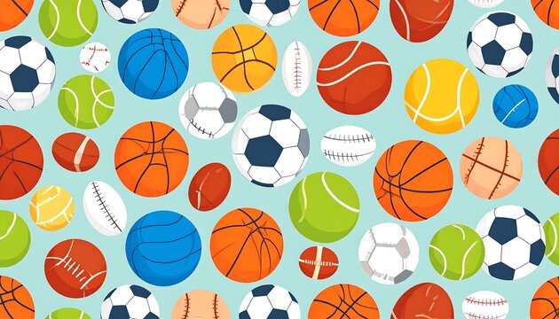 A colorful sports ball pattern featuring various types of balls in vibrant hues against a light teal background. - Powered by Adobe