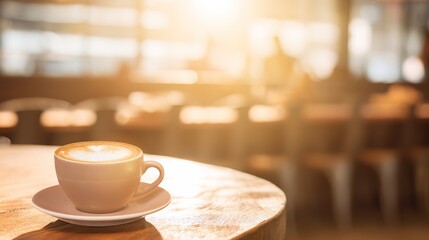 Fototapeta premium Steaming hot latte cup on an elegant cafe table, evoking a warm morning breakfast atmosphere.