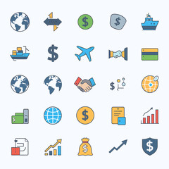 Global business icons representing finance, travel, and commerce in a modern, clean style.
