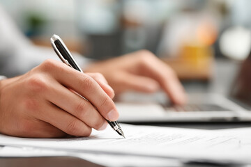 Focused worker diligently writing on documents while utilizing laptop technology