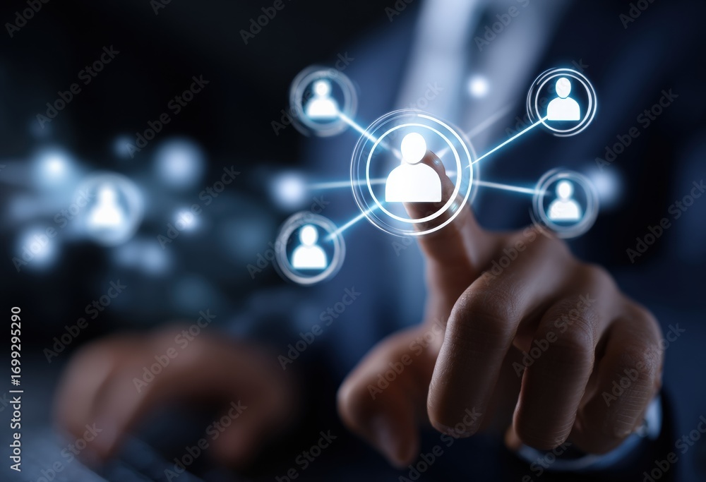 Poster businessman utilizing a digital interface for managing human resources within a vast global network,