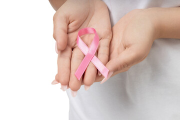 Hands hold a pink ribbon for support, isolated on white, PNG