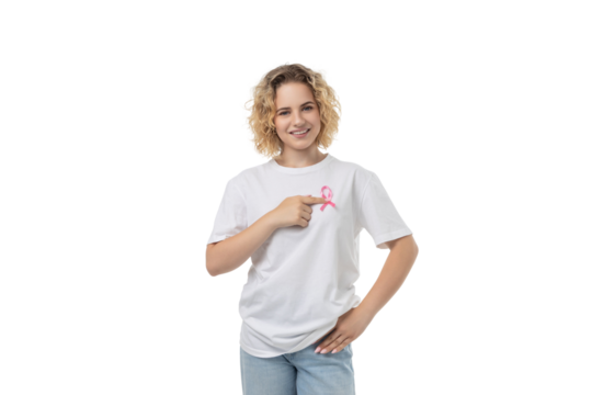 Girl shares awareness with a smiling point, isolated on white, PNG