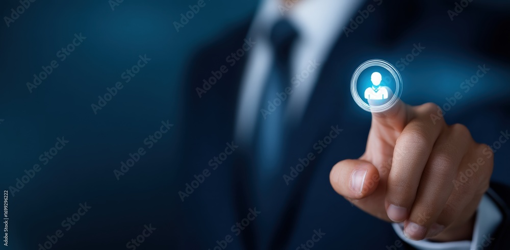 Poster businessman interacting with a futuristic user icon in a virtual augmented reality interface, showca