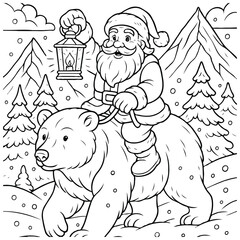 Santa Riding Polar Bear with Lantern in Snowy Mountains – Holiday Coloring Page