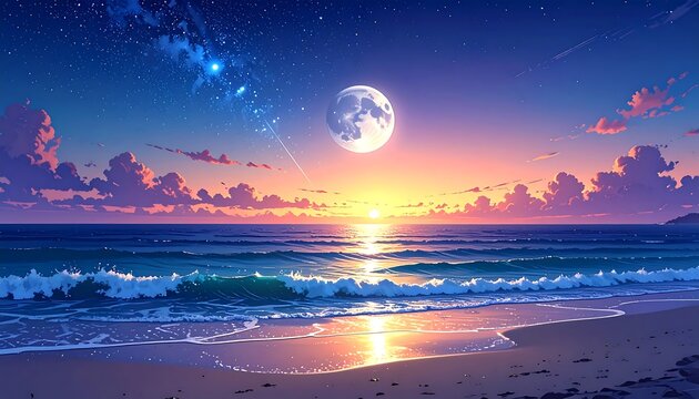 A vibrant sunset over a tranquil beach, with a full moon and starry night sky, painting a captivating scene of serenity and wonder.