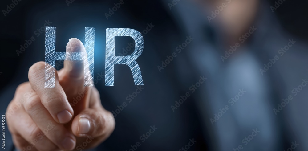 Poster hand reaching out to a virtual button labeled hr, representing the dynamic field of human resources 