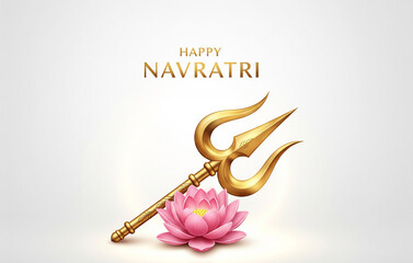 Navratri poster-Minimalistic realistic poster of Maa Durga’s trishul and lotus placed against a soft glowing background, elegant golden typography reading ‘Happy Navratri’