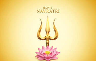 Navratri poster-Minimalistic realistic poster of Maa Durga’s trishul and lotus placed against a soft glowing background, elegant golden typography reading ‘Happy Navratri’