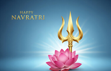Navratri poster-Minimalistic realistic poster of Maa Durga’s trishul and lotus placed against a soft glowing background, elegant golden typography reading ‘Happy Navratri’