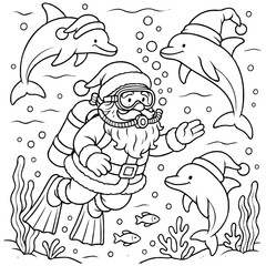 Santa Scuba Diving with Dolphins in Christmas Hats – Holiday Coloring Page