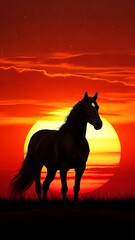 Majestic Black Horse Silhouette Against Fiery Sunset Sky with Stars and Clouds