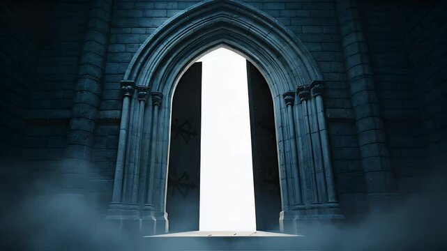 Gothic Doorway Opens to Light in Foggy, Mysterious Castle Entrance