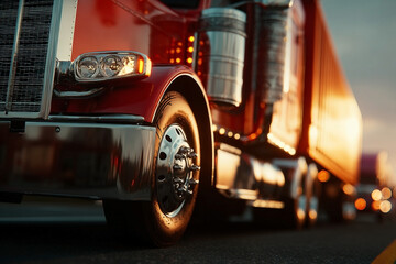 A Powerful Red Semi-Truck Navigating the Open Road at Sunset with Cinematic Light