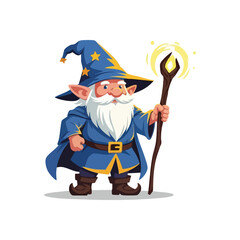 Obraz premium Whimsical Wizard with Magic Staff. This charming sorcerer wears a starry hat and holds a glowing crystal wand. An aged mystic, he embodies fantasy, wonder, and spellbinding adventures.