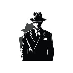 Classic Noir Man Portrait. Bold monochrome illustration of a sophisticated male figure wearing a stylish fedora and tailored garments. It embodies mystery and timeless elegance.