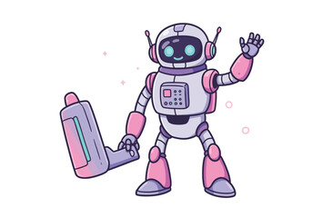 Naklejka premium Cartoon robot waving with one hand and holding a device in the other, on a white background.