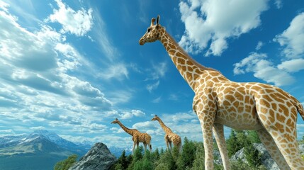 Obraz premium Giraffes Standing in Sunny Landscape with Mountains and Blue Sky