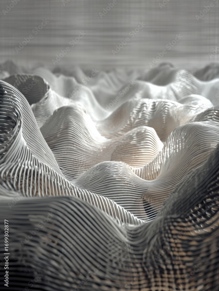 Poster abstract representation of layered waves in monochrome tones creating a visually striking texture