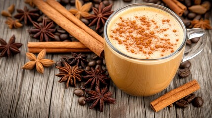 Warm Coffee with Spices on Wooden Table, Cozy Beverage Scene