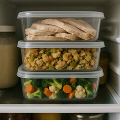 Stackable clear containers with Thanksgiving holiday leftovers like sliced turkey, stuffing, and mixed vegetables organized in a refrigerator