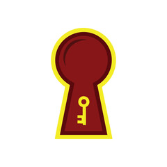 Keyhole Unlock Access Symbol. Vibrant stylized illustration of a deep crimson lock opening with a brilliant golden tool. Signifies opportunity, security, privacy, and finding the answer.