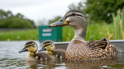 Obraz premium Mother Duck with Cute Ducklings Swimming in a Tranquil Pond