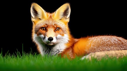 Obraz premium Close-Up of a Lively Red Fox Resting in Grassy Field