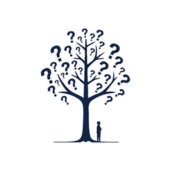 Person Pondering Question Tree. This graphic depicts an individual beneath a leafy enigma, symbolizing the profound human journey of seeking understanding and making vital choices amidst life's.