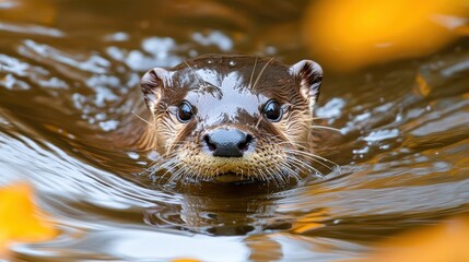 Cute otter swimming in clear water with autumn leaves nearby