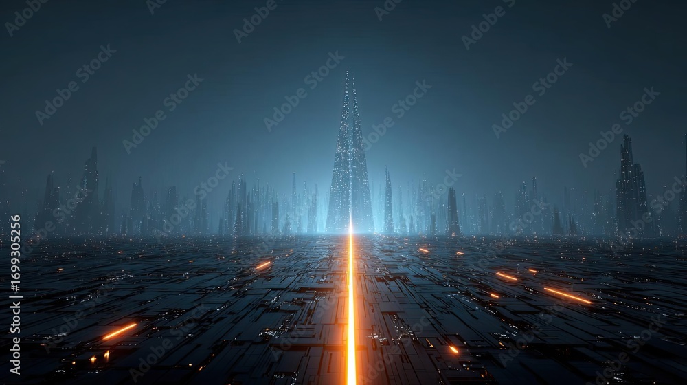 Poster Step-by-step achievement of goals glowing path concept. Futuristic landscape with glowing structures and dark atmosphere.