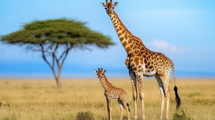 Majestic Giraffes Standing Gracefully Under a Tree in Savanna Landscape