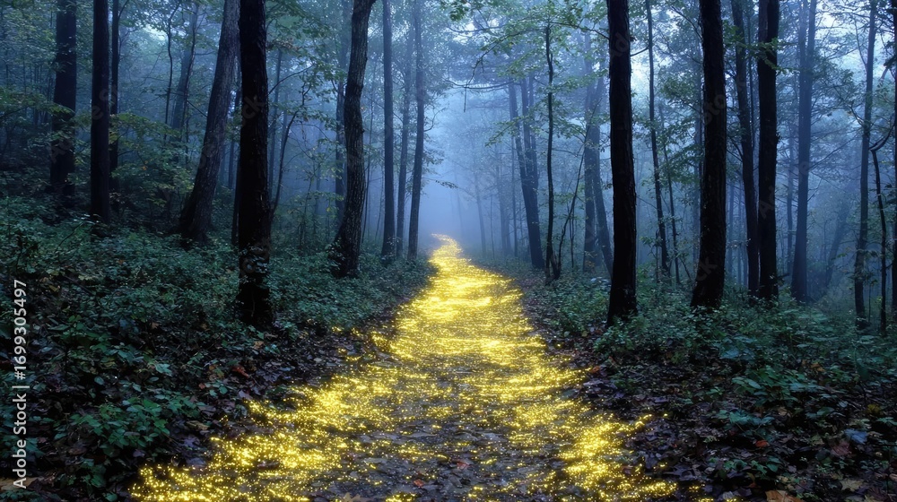 Poster step-by-step achievement of goals glowing path concept. a mystical forest path illuminated by golden