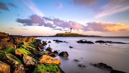 A tranquil coastal scene at sunrise, featuring a lighthouse nestled on a small island, with softly moving water and a shoreline of rocks covered in vibrant green moss.